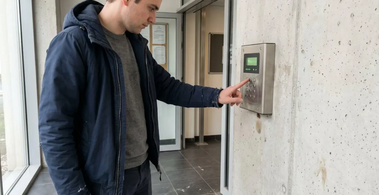 Gros plan sur une main composant un code d'accès sur un clavier numérique moderne de portail sécurisé, mise au point nette sur les touches