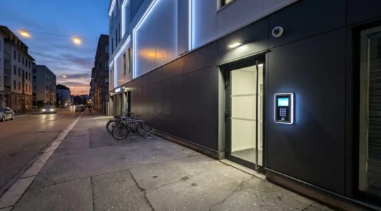 Conseiller accueillant une cliente dans un espace de réception moderne d'un centre de stockage, échange naturel de profil dans une ambiance lumineuse