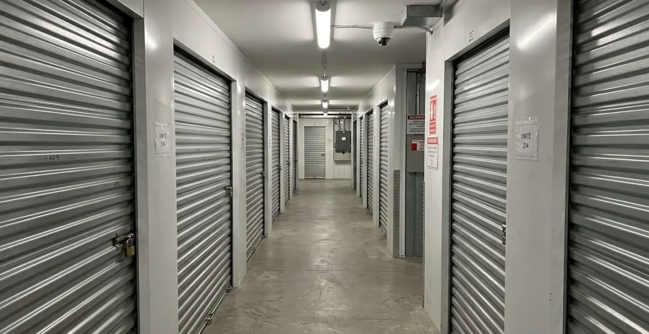 Couloir propre et moderne d'un centre de self-stockage avec portes de box alignées, éclairage LED contemporain et caméra de surveillance visible au plafond