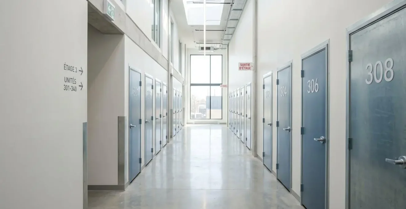 Large couloir lumineux d'un centre de self-stockage contemporain avec des portes métalliques numérotées alignées de chaque côté