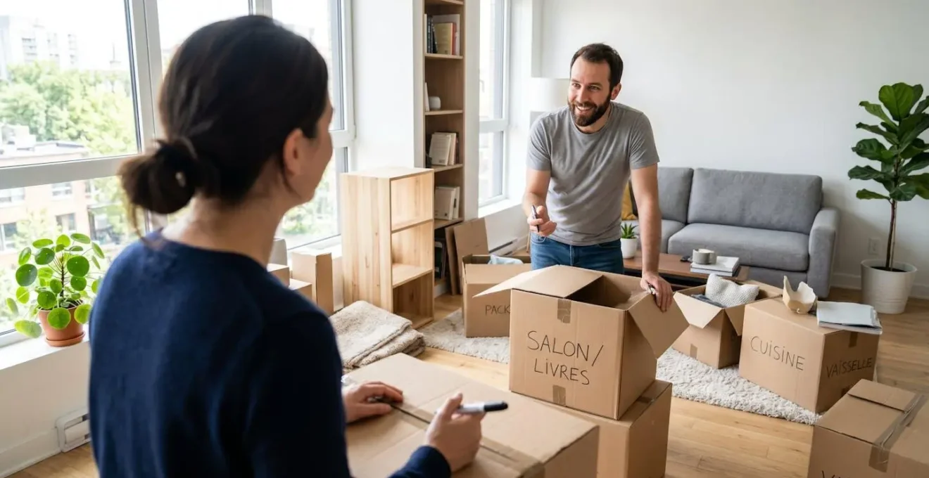 Un couple vu de profil discutant l'organisation de leur déménagement dans un salon lumineux avec des cartons empilés en arrière-plan