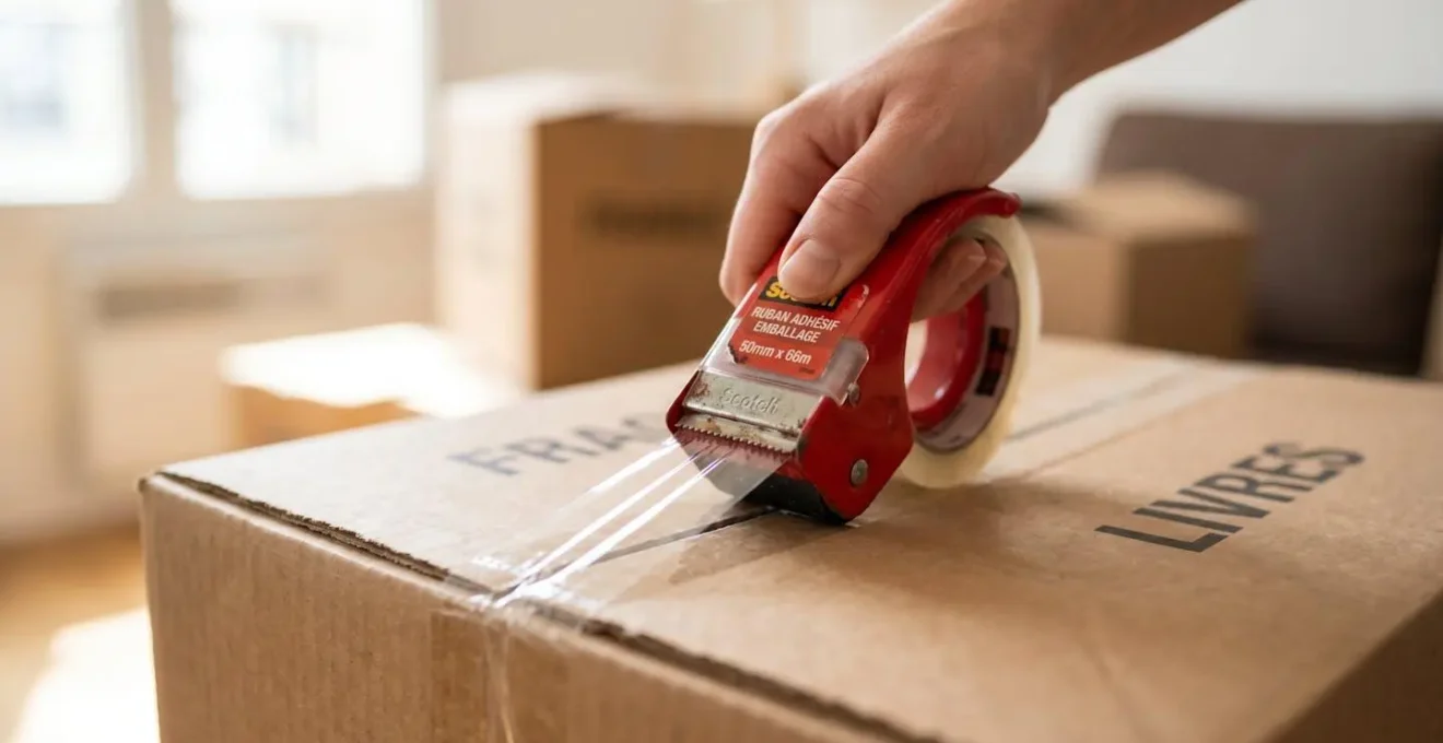 Gros plan sur une main fermant soigneusement un carton de déménagement avec du ruban adhésif transparent