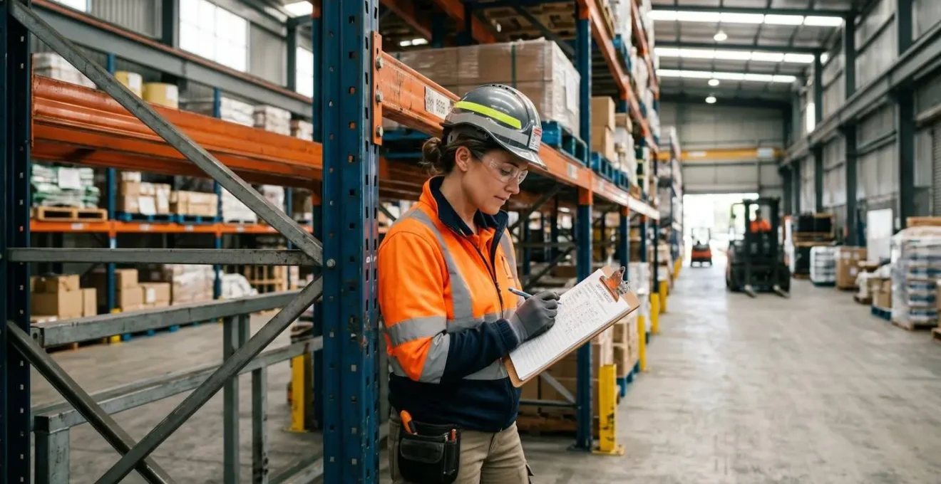 Technicien réalisant un audit de sécurité sur des rayonnages métalliques industriels dans un entrepôt logistique