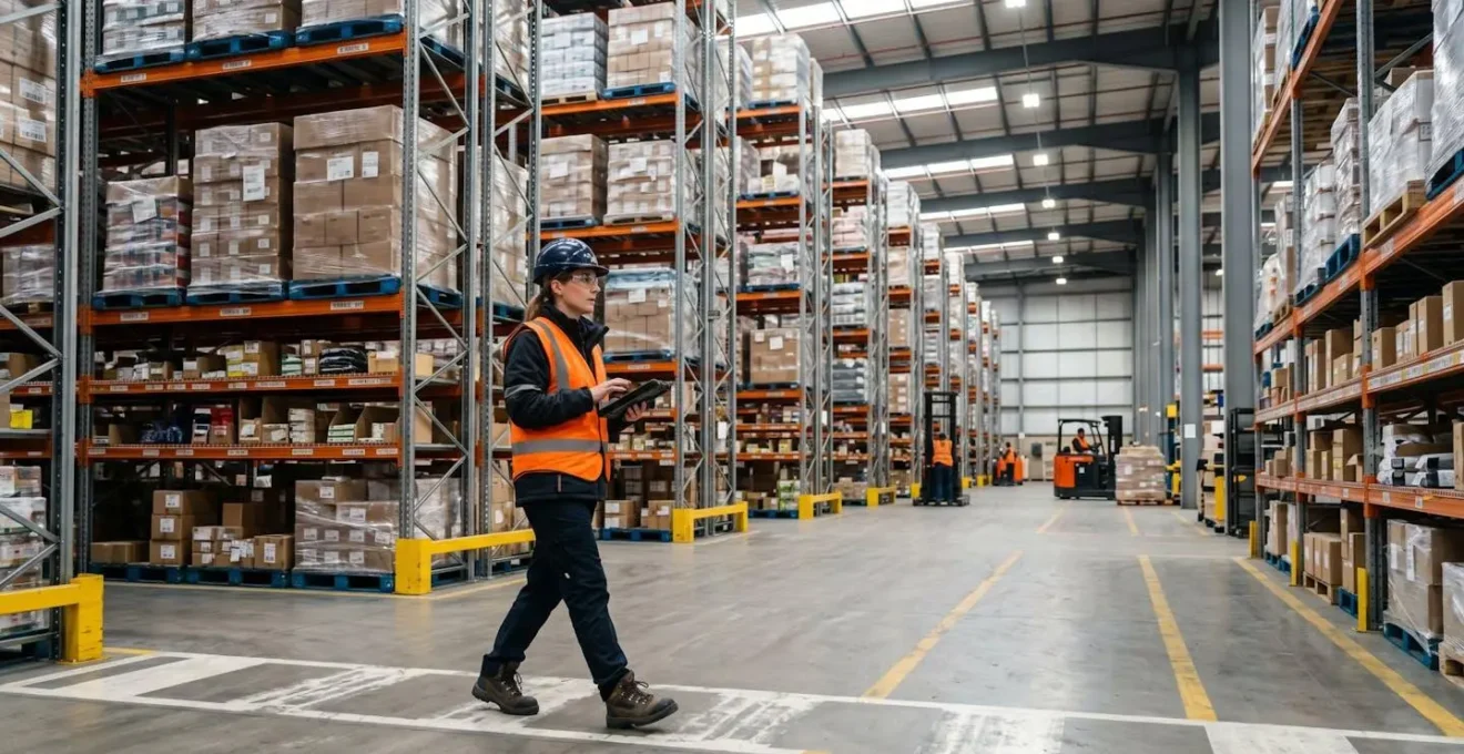 Responsable logistique debout dans un entrepôt organisé avec des rayonnages industriels chargés de palettes et cartons