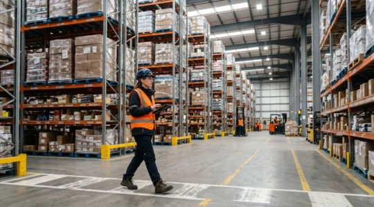Responsable logistique debout dans un entrepôt organisé avec des rayonnages industriels chargés de palettes et cartons