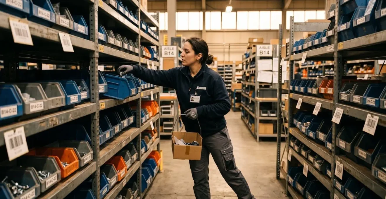 Opérateur logistique effectuant une opération de picking dans une zone de casiers métalliques bien organisés